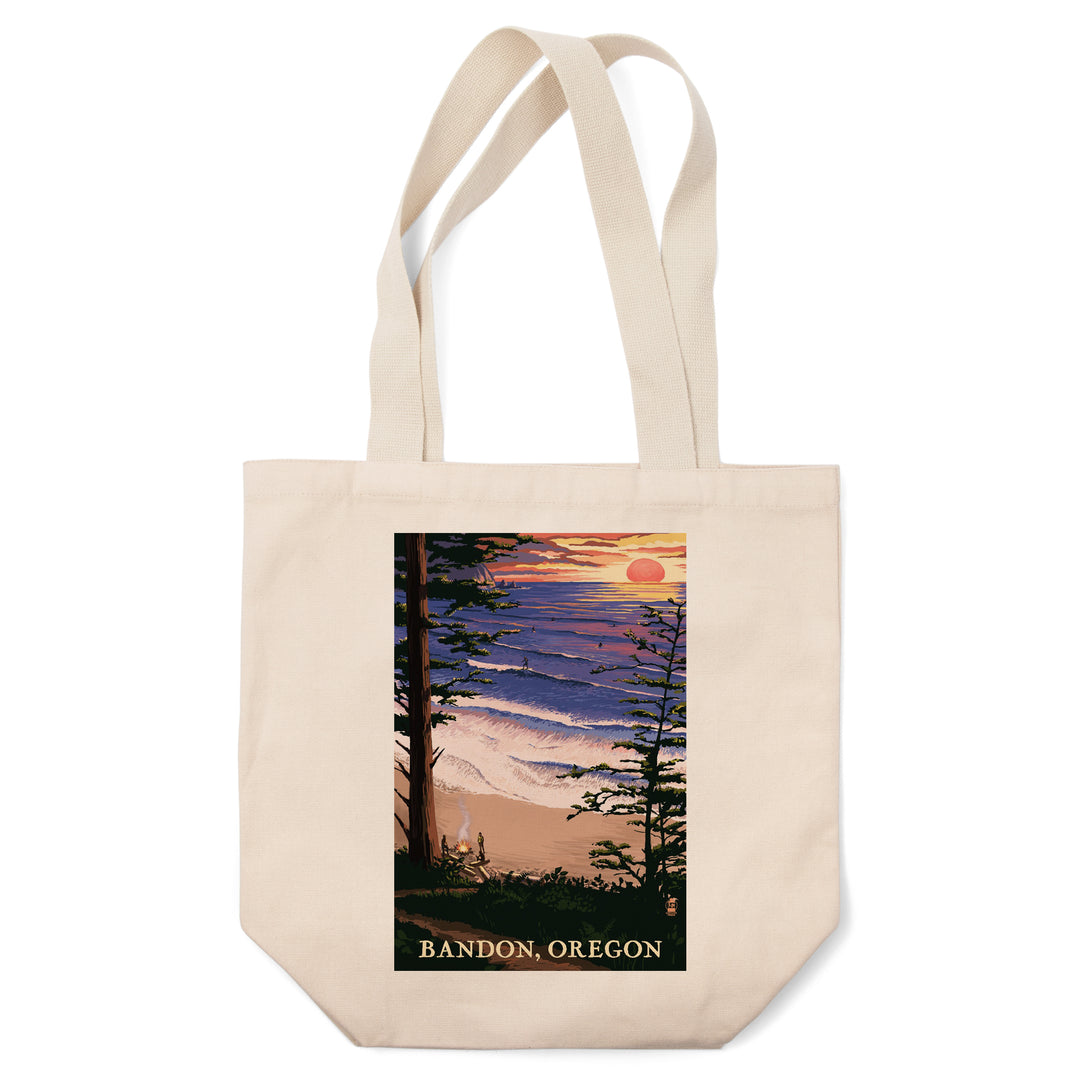 Bandon, Oregon, Sunset & Surfers, Lantern Press Artwork, Tote Bag