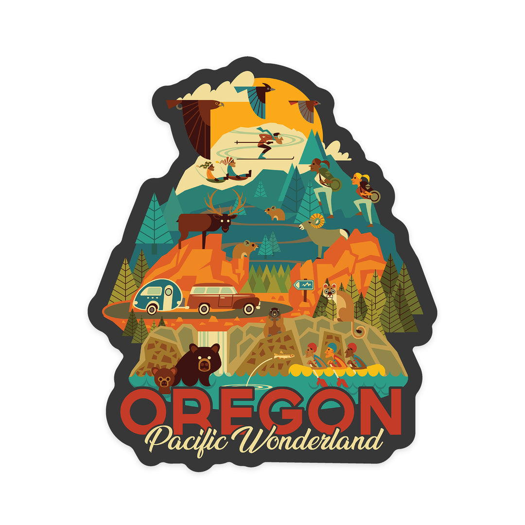 Oregon, Pacific Wonderland, Geometric, Contour, Lantern Press Artwork, Vinyl Sticker