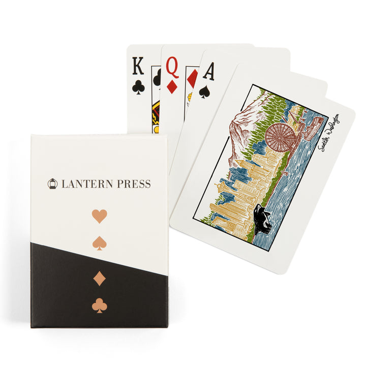 Playing Cards, Seattle, Washington, Skyline, 52 Card Deck with Jokers in Box, Unique Art