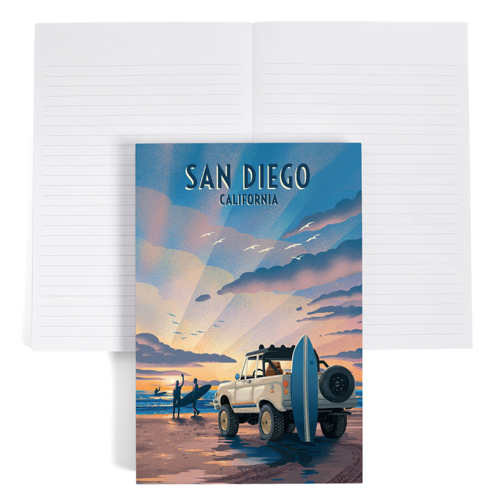Lined 6x9 Journal, San Diego, California, Lithograph, Surfers on Beach, Lay Flat, 193 Pages, FSC paper