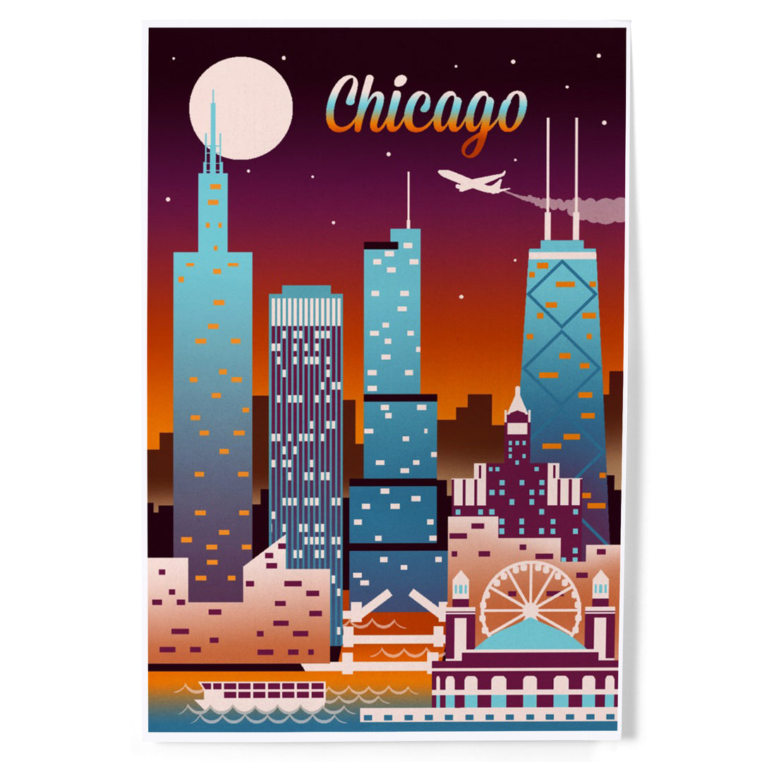 Chicago, Illinois, Retro Skyline Chromatic, Art & Giclee Prints