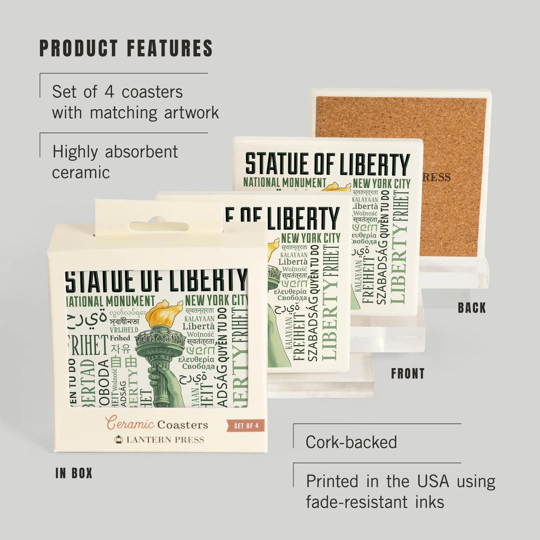 New York City, New York, Statue of Liberty, Torch, Freedom Typography, Coasters