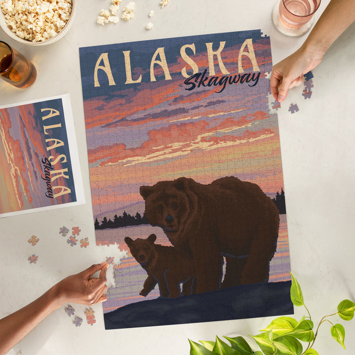 Skagway, Alaska, Painterly, Bear and Cub at Sunset, Jigsaw Puzzle