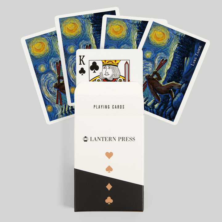 Playing Cards, Lake Tahoe, California, Starry Night, Winter Bigfoot with Skis, 52 Card Deck with Jokers in Box, Unique Art