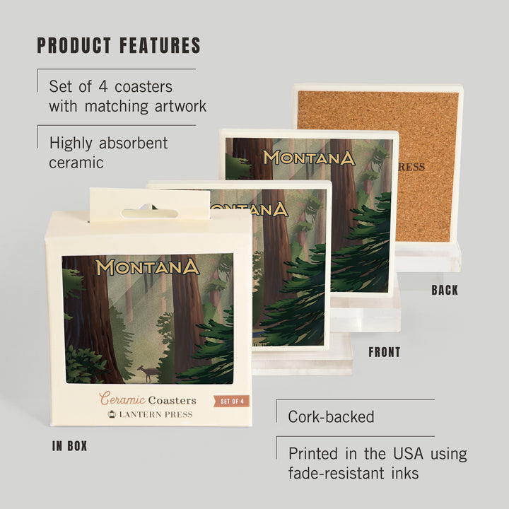 Montana, Lithograph, Deer in Forest, Coasters