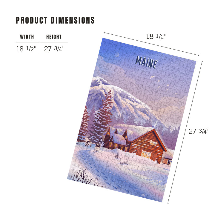 Maine, Lithograph, Mountain Lodge, Winter Scene, 1000 Piece Jigsaw Puzzle