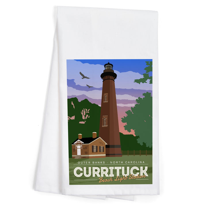 Outer Banks, North Carolina, Currituck Beach Lighthouse, Vector Style, Organic Cotton Kitchen Tea Towels