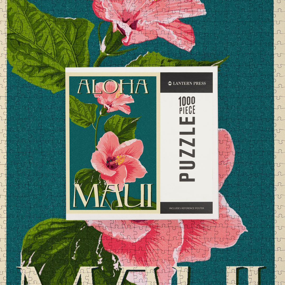 Maui, Hawaii, Aloha, Pink Hibiscus, Letterpress, Jigsaw Puzzle