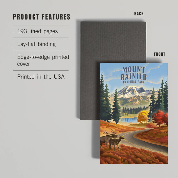 Lined 6x9 Journal, Mt Rainier National Park, Washington, Lithograph, Paradise Road with Elk, Lay Flat, 193 Pages, FSC paper