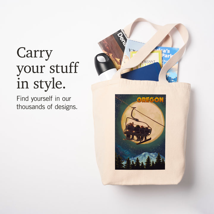 Oregon, Ski Lift and Full Moon Snowboarder, Tote Bag