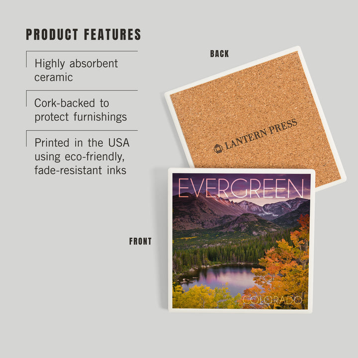 Evergreen, Colorado, Rocky Mountain National Park, Purple Sunset and Lake, Photography, Coasters