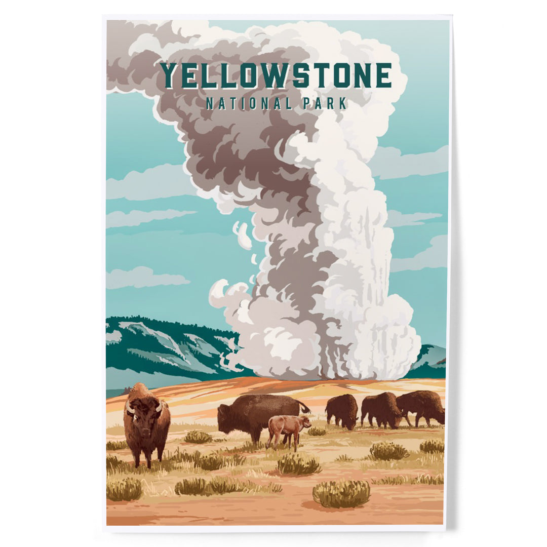 Yellowstone National Park, Wyoming, Painterly National Park Series, Bison and Geyser, Art & Giclee Prints
