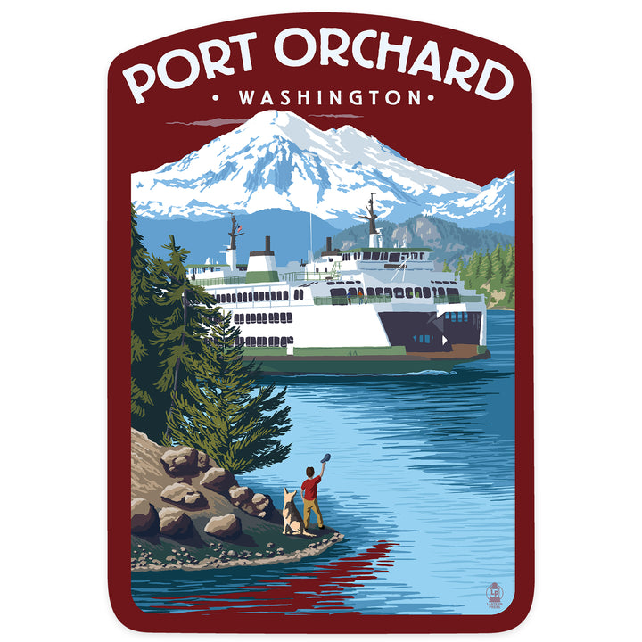Port Orchard, Washington, Ferry Scene with Boy, Contour, Vinyl Sticker