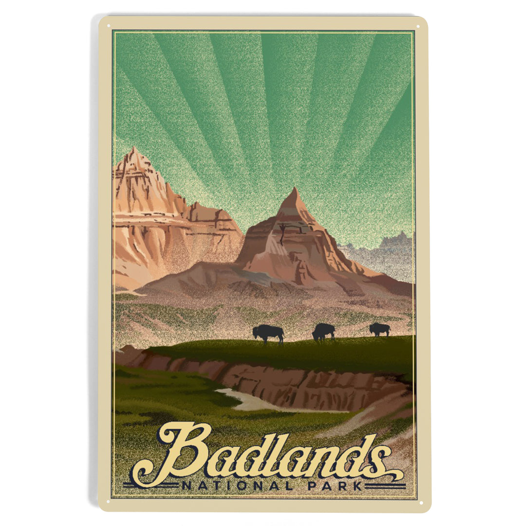 Badlands National Park, South Dakota, Bison in the Park, Lithograph National Park Series, Metal Signs
