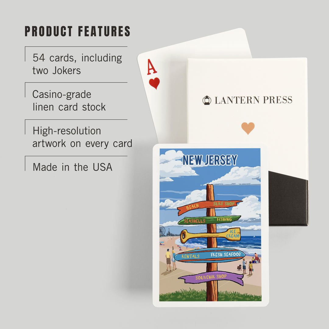 Playing Cards, New Jersey, Signpost, Coast Beach with Pier, 52 Card Deck with Jokers in Box, Unique Art