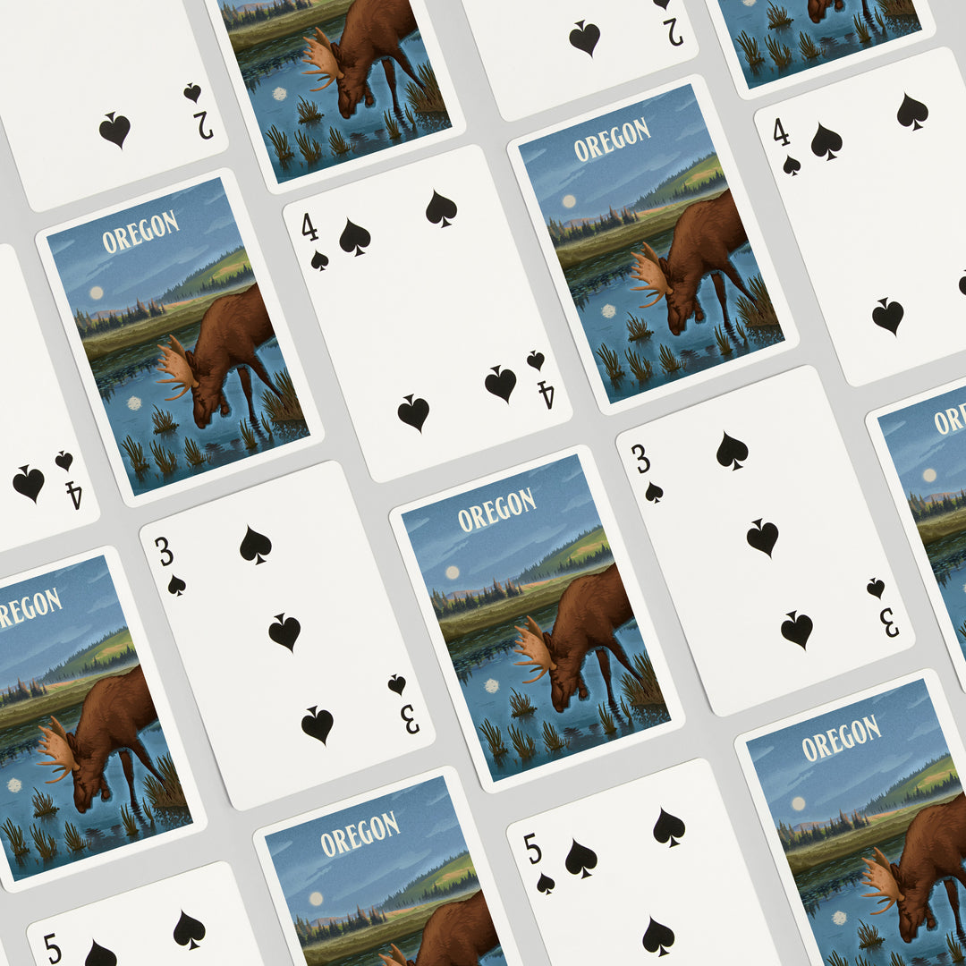 Playing Cards, Oregon, Lithograph, Reflection Pond and Bull Moose, 52 Card Deck with Jokers in Box, Unique Art