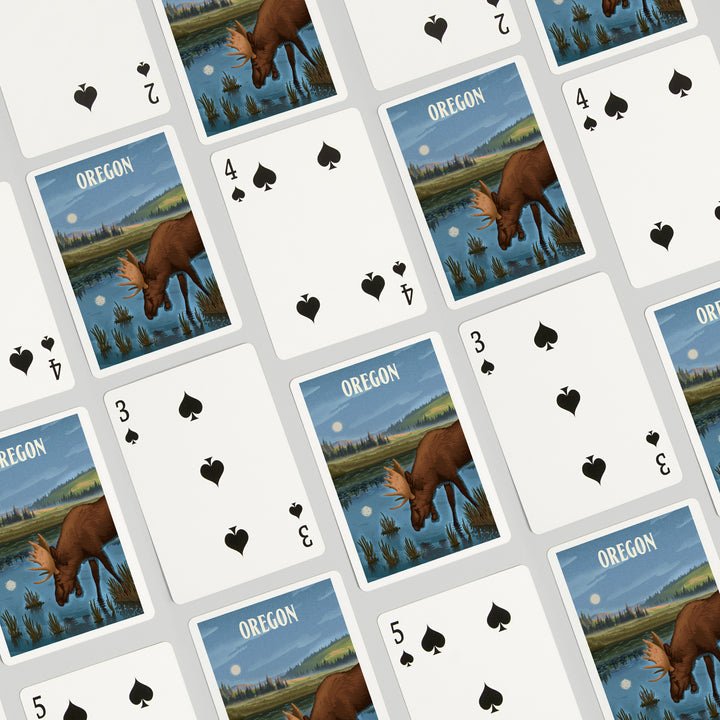 Playing Cards, Oregon, Lithograph, Reflection Pond and Bull Moose, 52 Card Deck with Jokers in Box, Unique Art