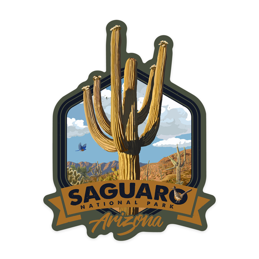 Saguaro National Park, Arizona, Road Runner & Saguaro, Contour, Lantern Press Artwork, Vinyl Sticker