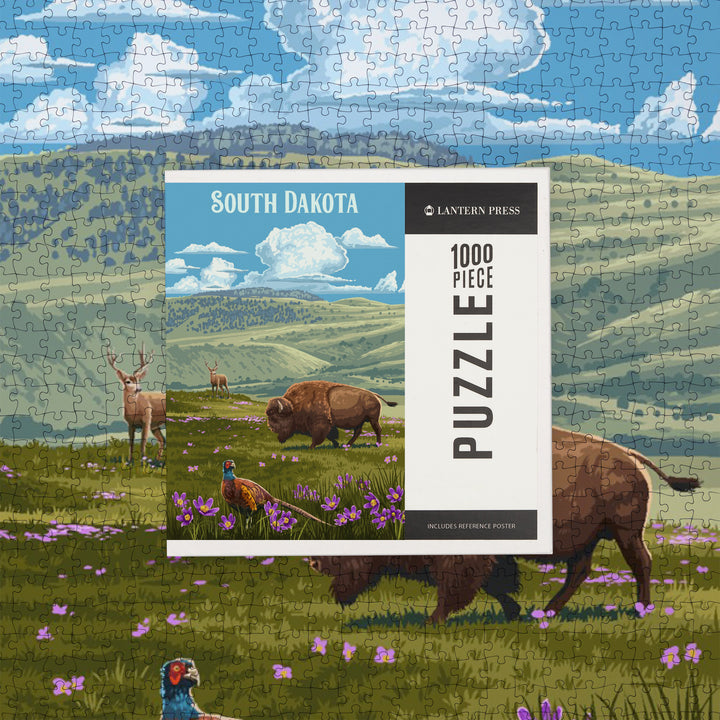 South Dakota, Painterly, Bison and Pheasant, 1000 Piece Jigsaw Puzzle
