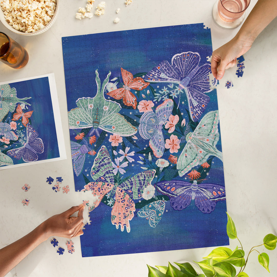 Luminous Butterflies, Blue with Flowers, 1000 Piece Jigsaw Puzzle