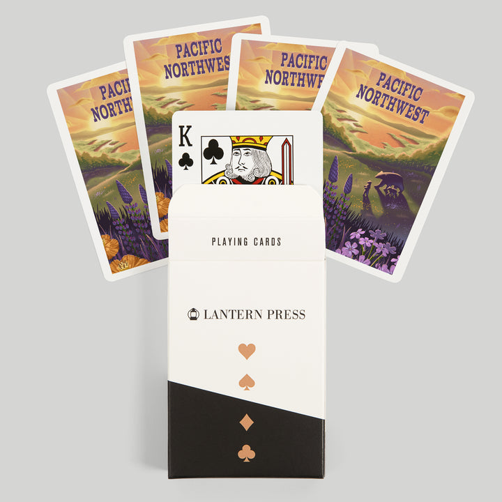 Playing Cards, Pacific Northwest, Lithograph, Bear and Spring Flowers, Lake, 52 Card Deck with Jokers in Box, Unique Art