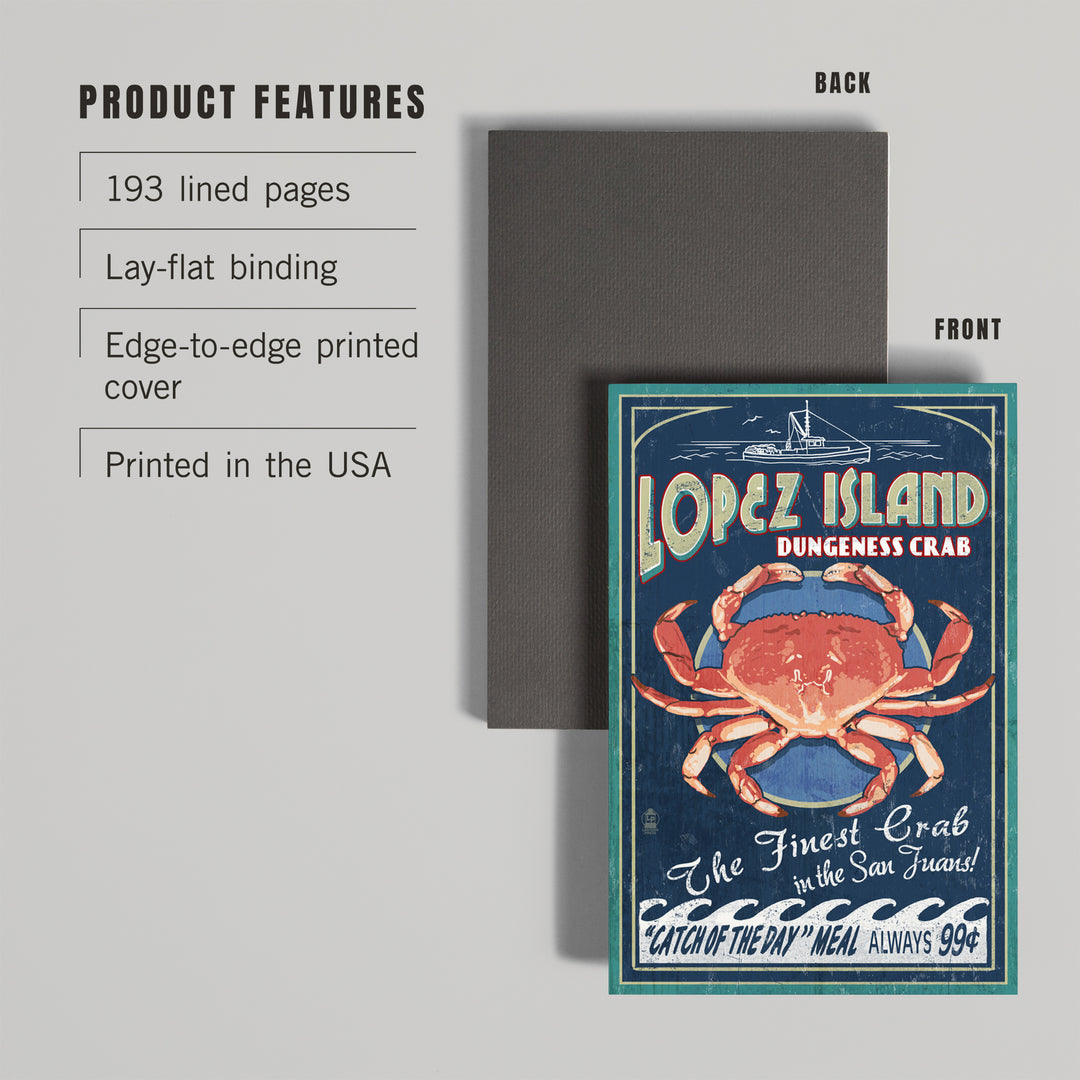 Lined 6x9 Journal, Lopez Island, Washington, Dungeness Crab Vintage Sign, Lay Flat, 193 Pages, FSC paper