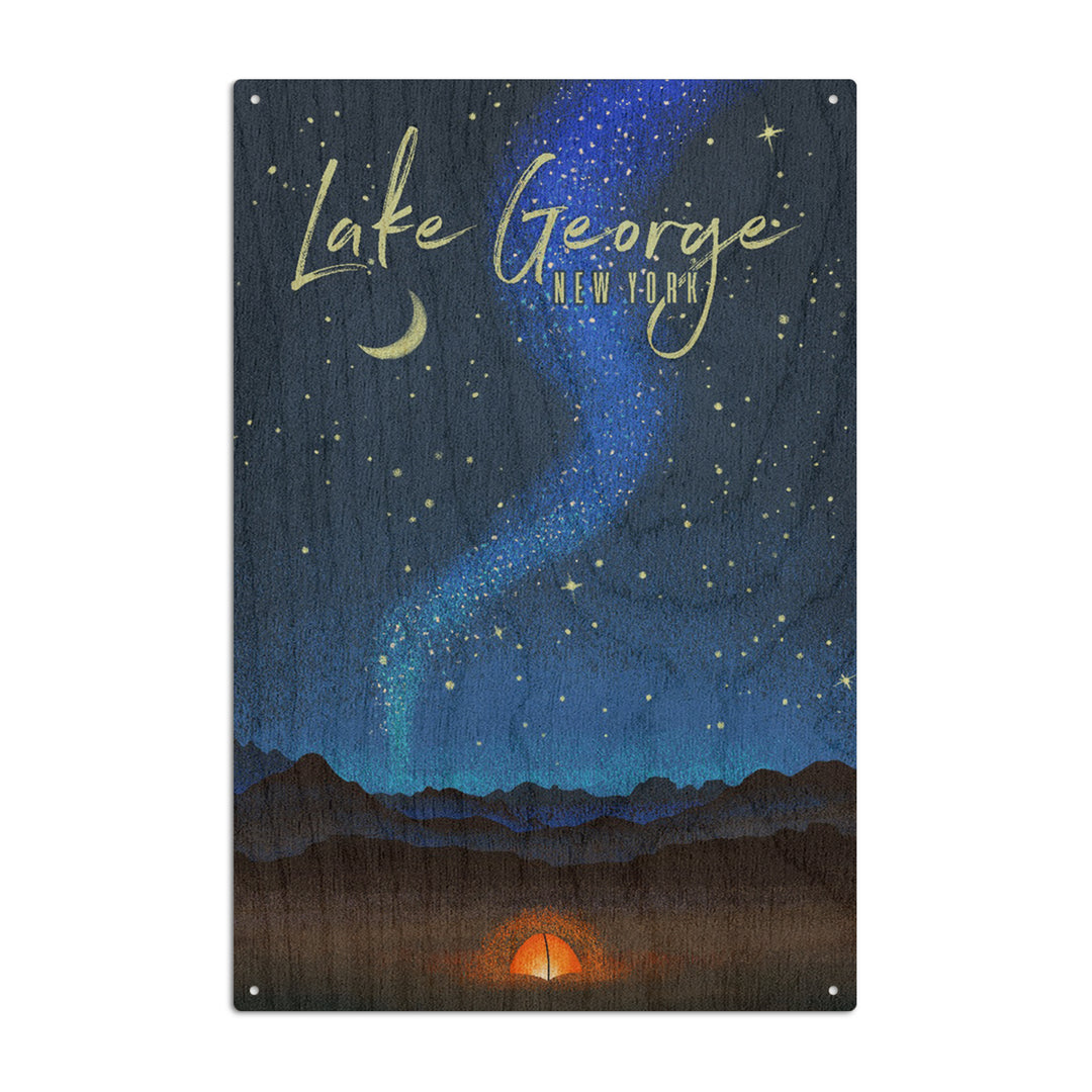 Lake George, New York, Tent & Night Sky, Mid-Century Style, Lantern Press Artwork, Wood Signs and Postcards