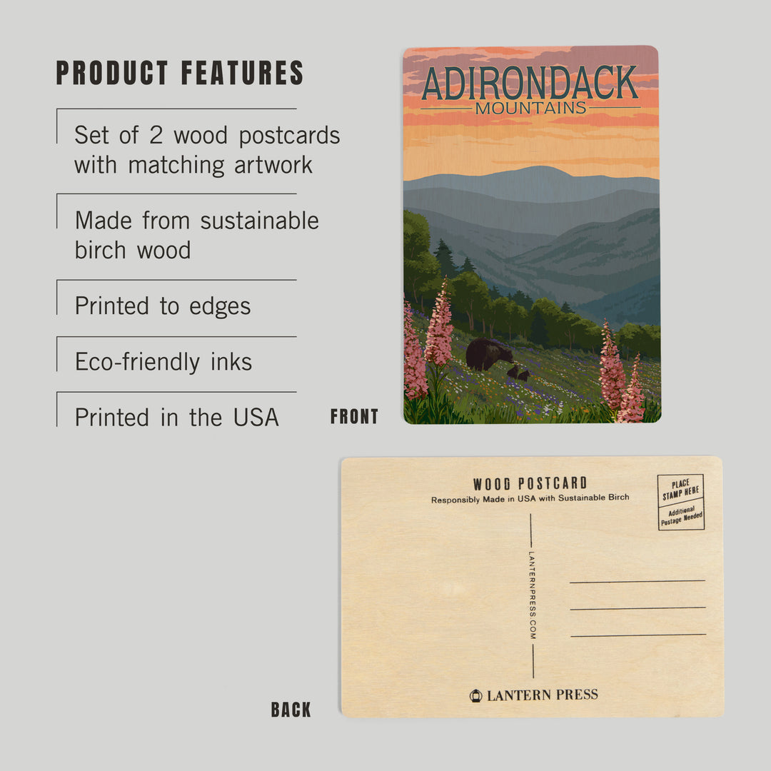 Adirondack Mountains, New York, Bears and Spring, Wood Sign and Postcards