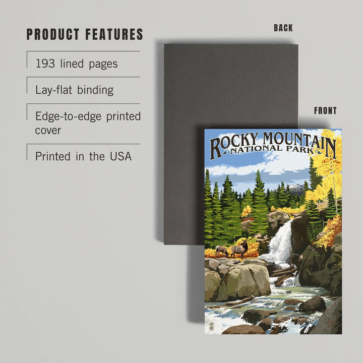 Lined 6x9 Journal, Rocky Mountain National Park, Colorado, Elk and Waterfall, Lay Flat, 193 Pages, FSC paper