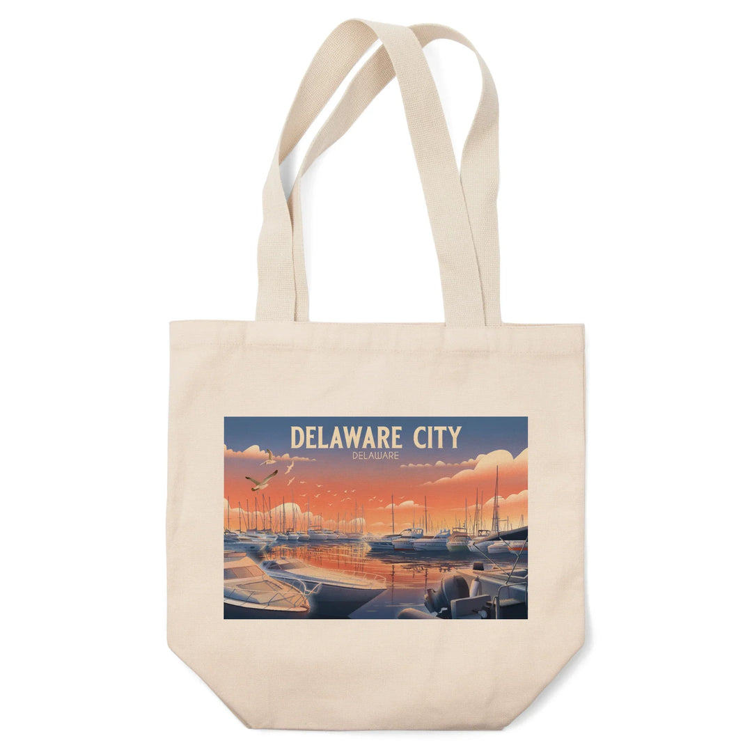 Delaware City, Delaware, Lithograph, Home Sweet Harbor, Boats in Marina, Tote Bag