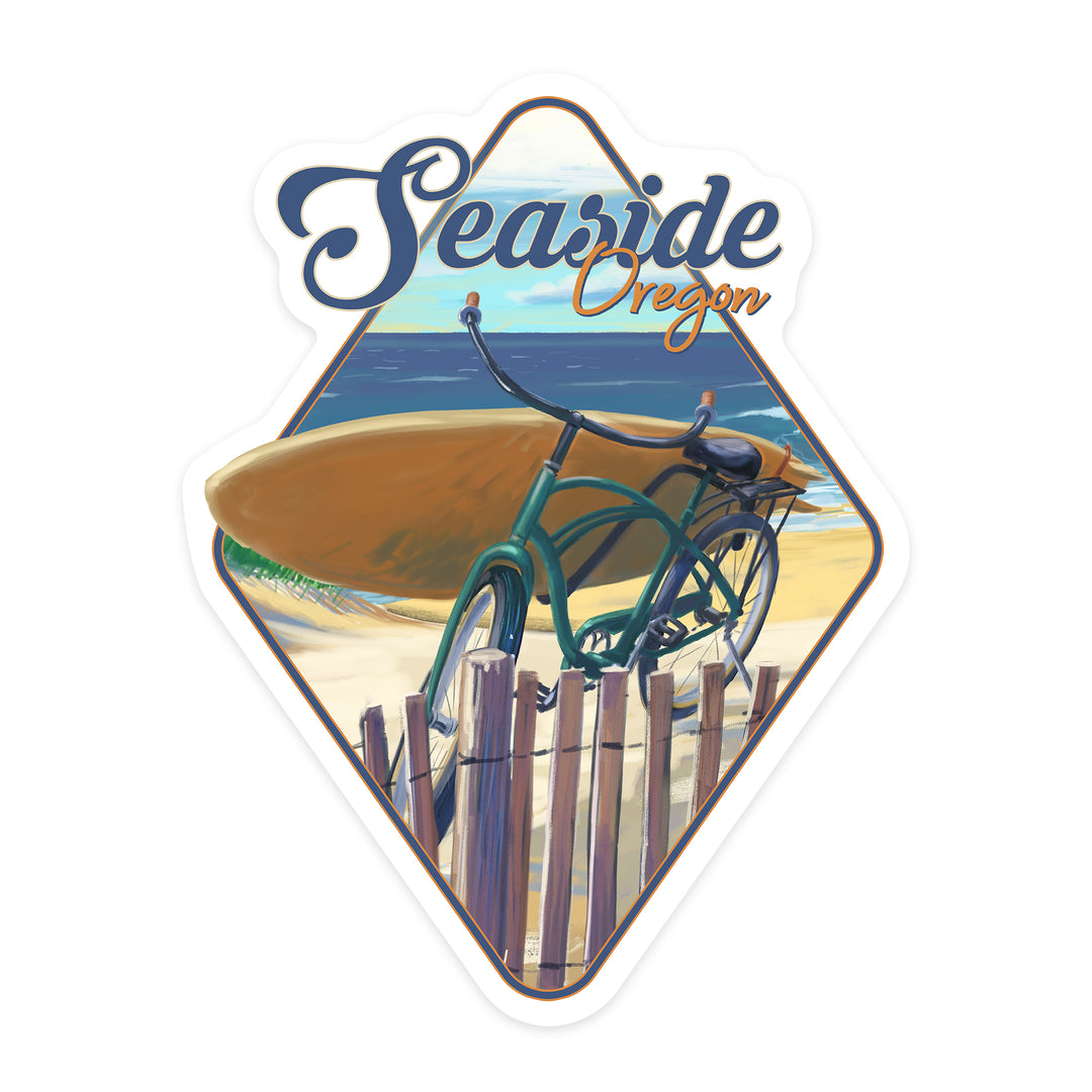 Seaside, Oregon, Beach Cruiser on Beach, Contour, Lantern Press Artwork, Vinyl Sticker