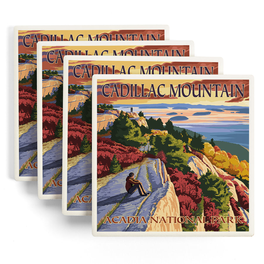 Acadia National Park, Maine, Cadillac Mountain, Painterly Series, Lantern Press Artwork, Coaster Set