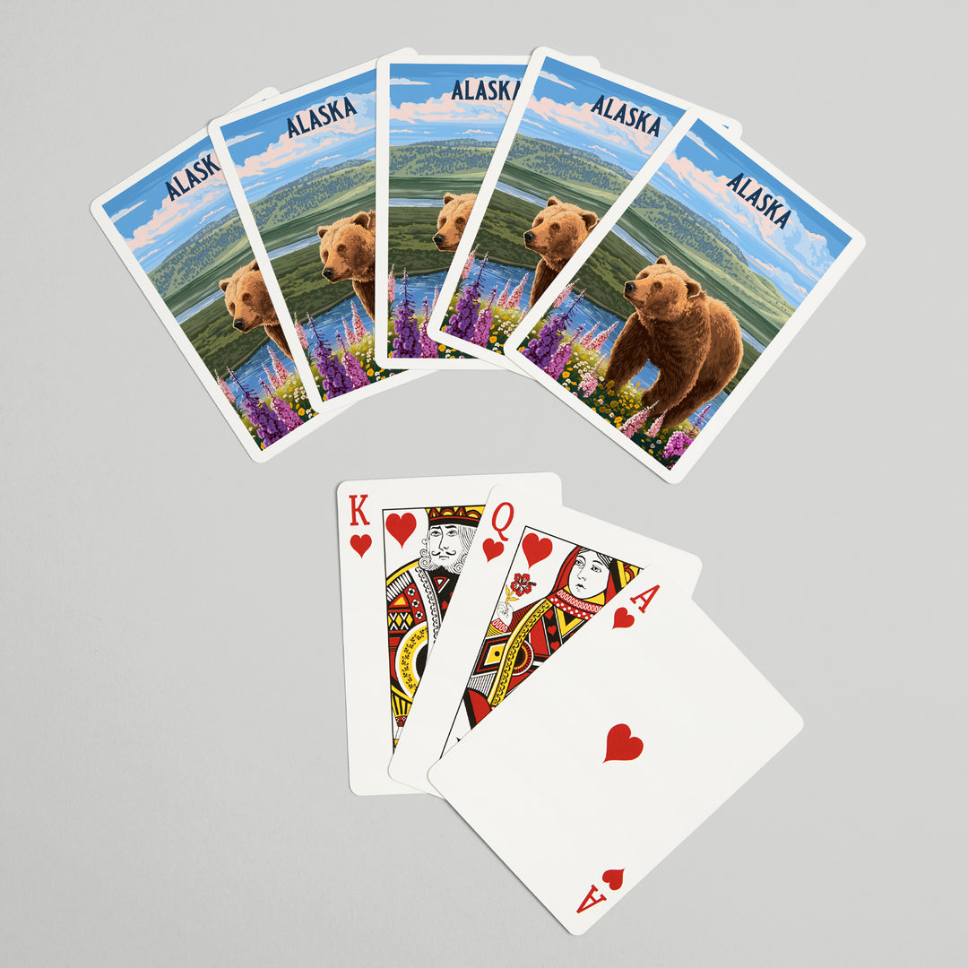 Playing Cards, Alaska, Painterly, Grizzly Bear in Meadow, 52 Card Deck with Jokers in Box, Unique Art