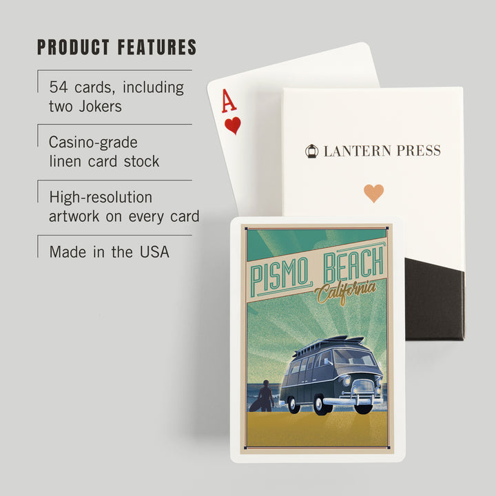 Playing Cards, Pismo Beach, California, Camper Van on Beach, Lithograph, 52 Card Deck with Jokers in Box, Unique Art