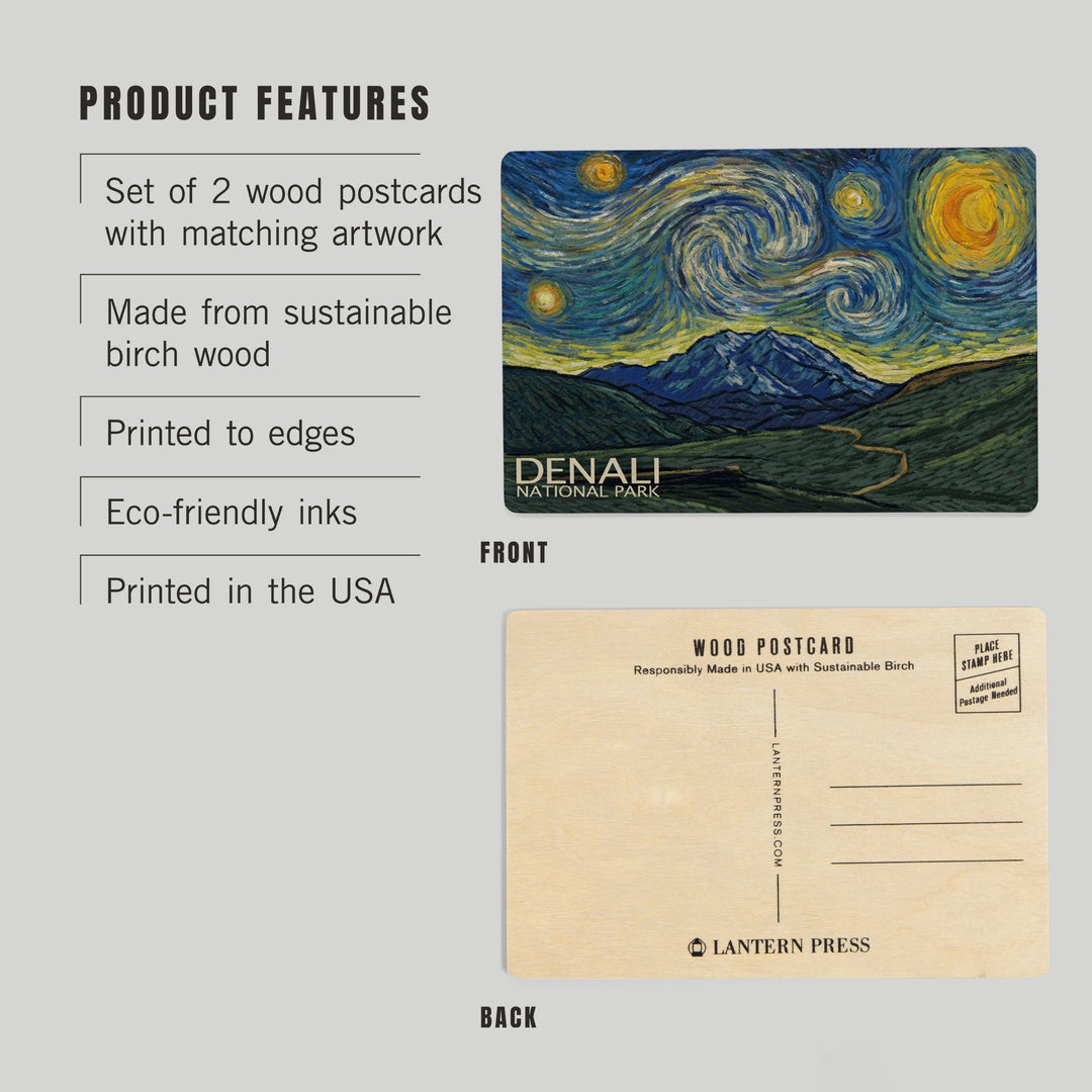 Denali National Park, Alaska, Starry Night, Wood Sign and Postcards
