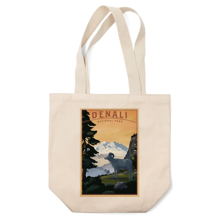 Denali National Park, Alaska, Dall Sheep and Mountain, Lithograph National Park Series, Tote Bag