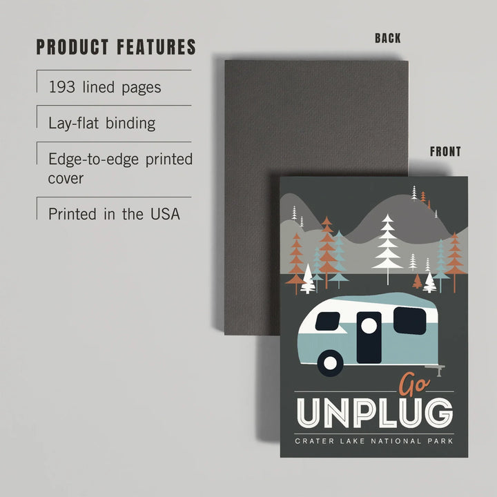 Lined 6x9 Journal, Crater Lake National Park, Go Unplug, Retro Camper, Lay Flat, 193 Pages, FSC paper