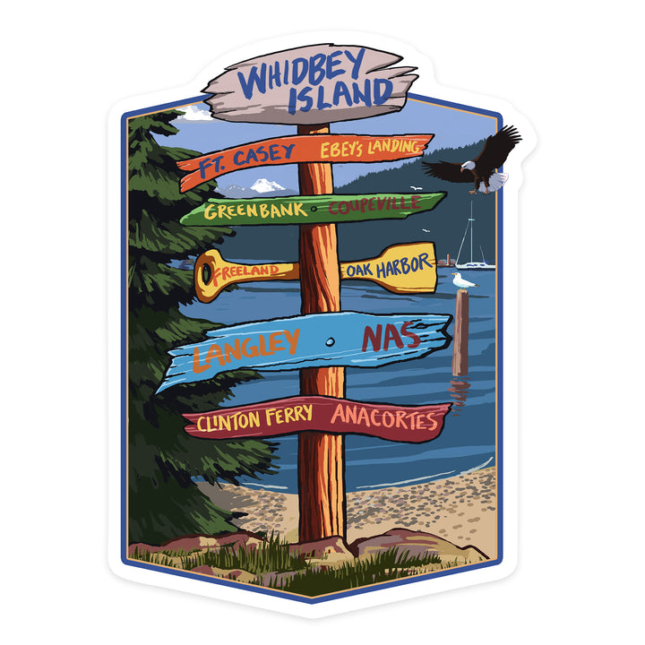 Whidbey Island, Washington, Destination Signpost, Contour, Lantern Press Artwork, Vinyl Sticker