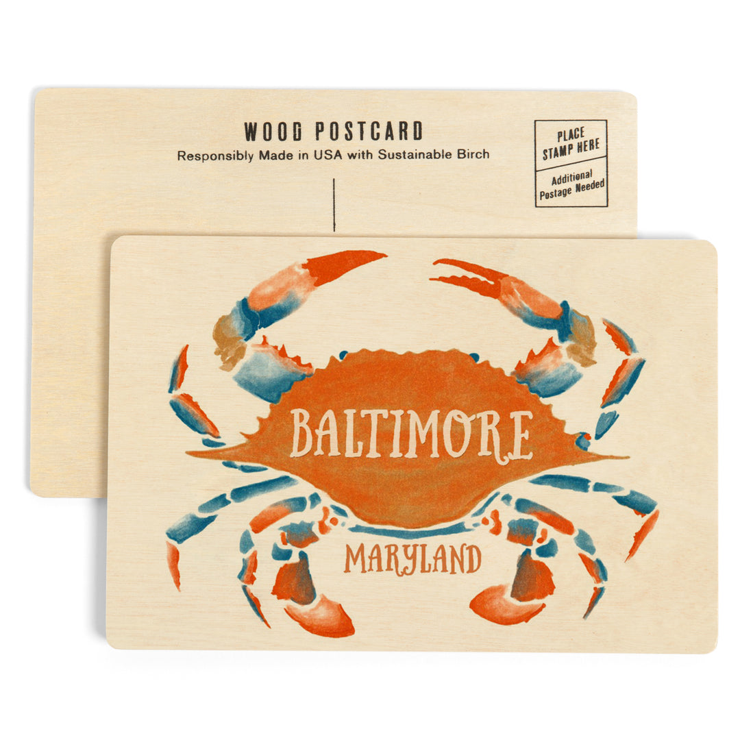Baltimore, Maryland, Blue Crab, Blue and Orange Watercolor,, Wood Sign and Postcards