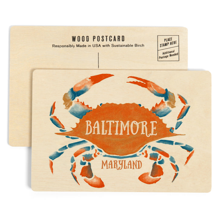 Baltimore, Maryland, Blue Crab, Blue and Orange Watercolor,, Wood Sign and Postcards