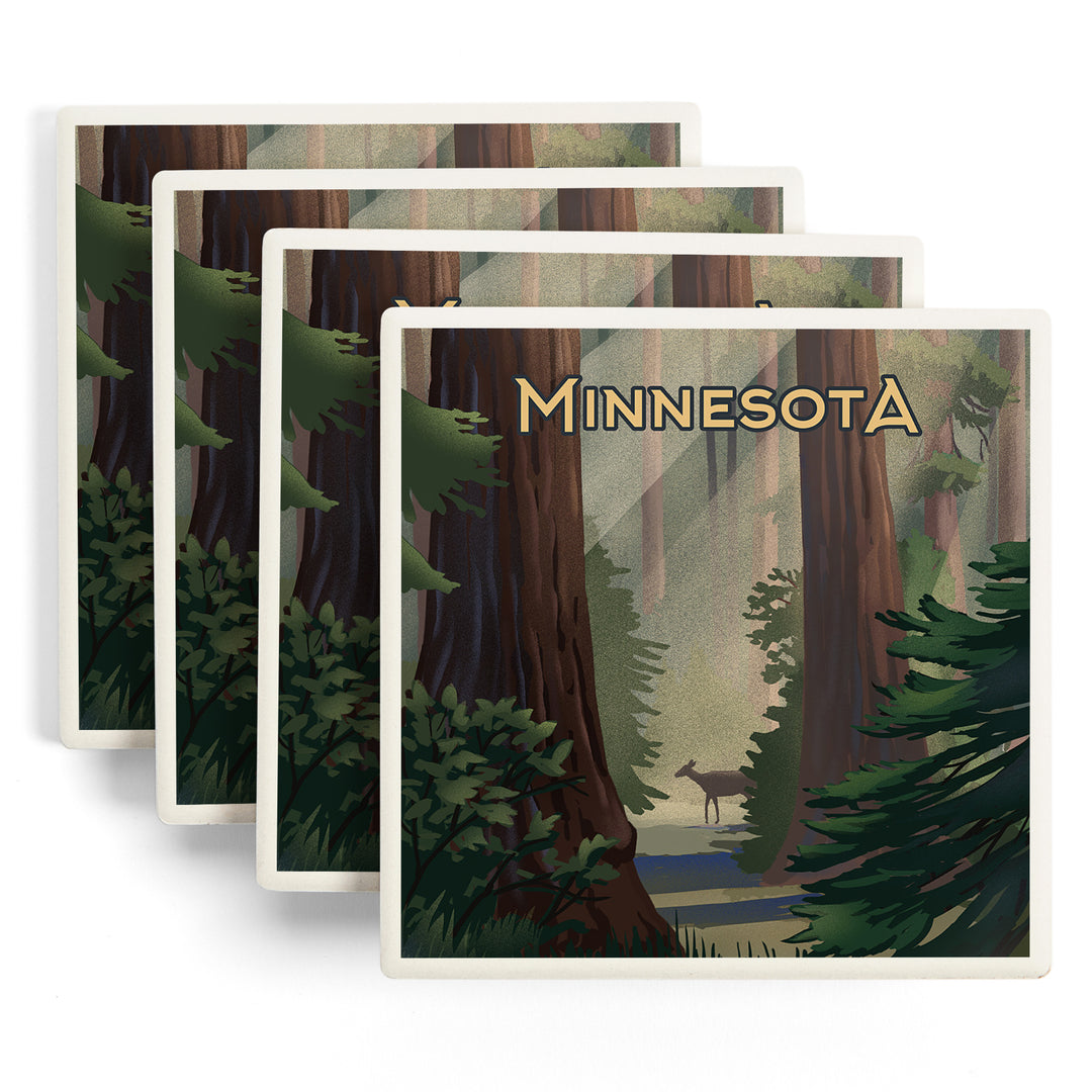 Minnesota, Lithograph, Deer in Forest, Coasters