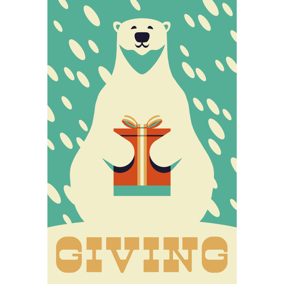 Gift, Polar Bear, Retro Christmas, Lantern Press Artwork, Stretched Canvas