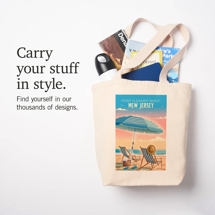 Point Pleasant Beach, New Jersey, Lithograph, Beach Chair and Umbrella, Tote Bag