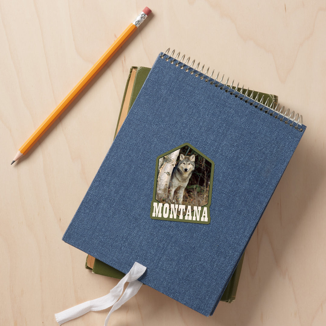 Montana, Wolf in Forest, Contour, Lantern Press Photography (James T. Jones), Vinyl Sticker