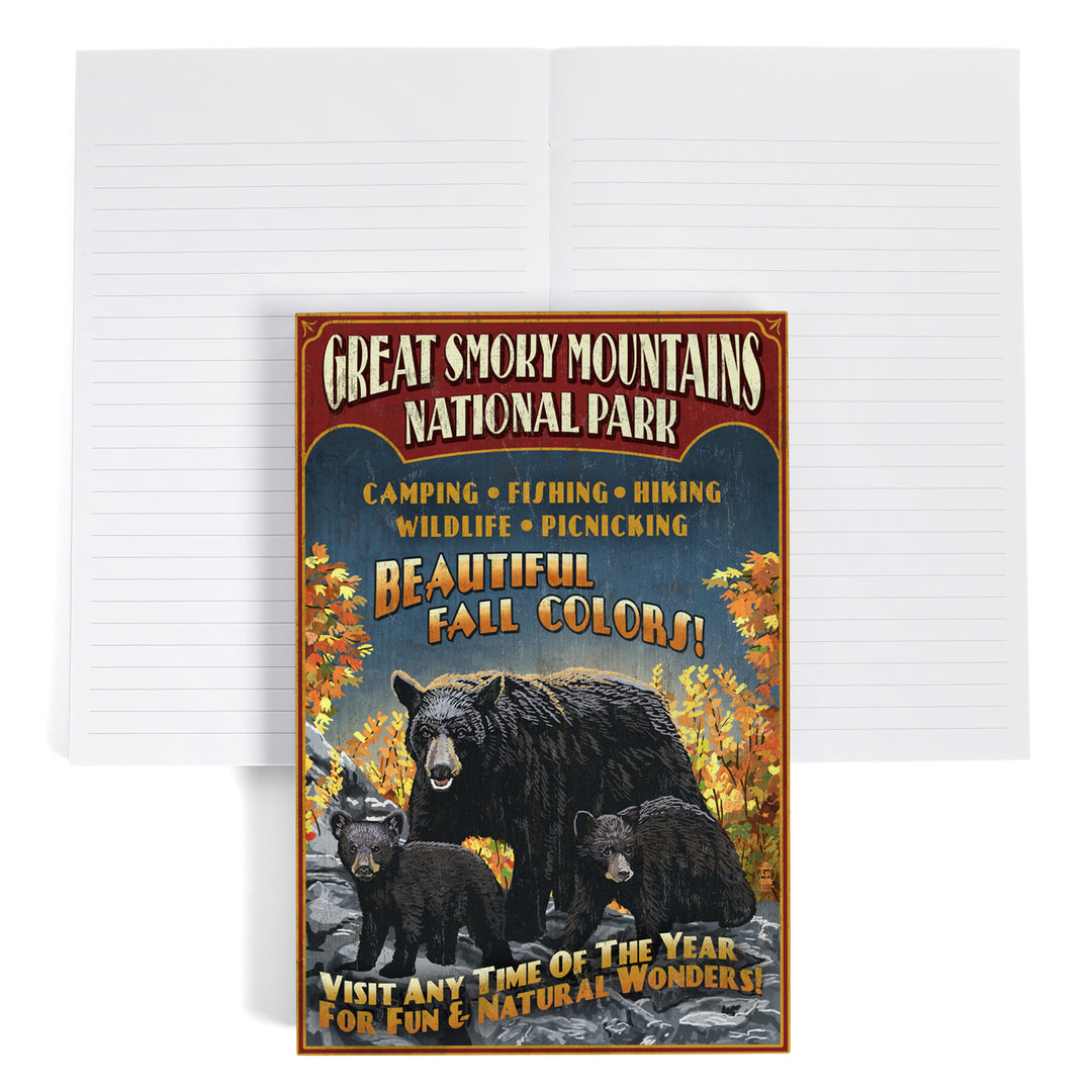 Lined 6x9 Journal, Great Smoky Mountain National Park, Tennessee, Black Bears Vintage Sign, Lay Flat, 193 Pages, FSC paper