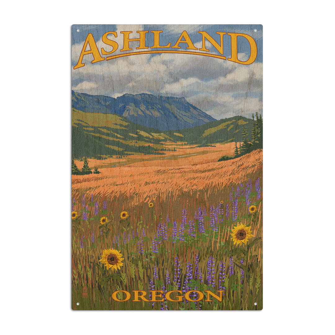Ashland, Oregon, Field and Flowers, Lantern Press Poster, Wood Signs and Postcards
