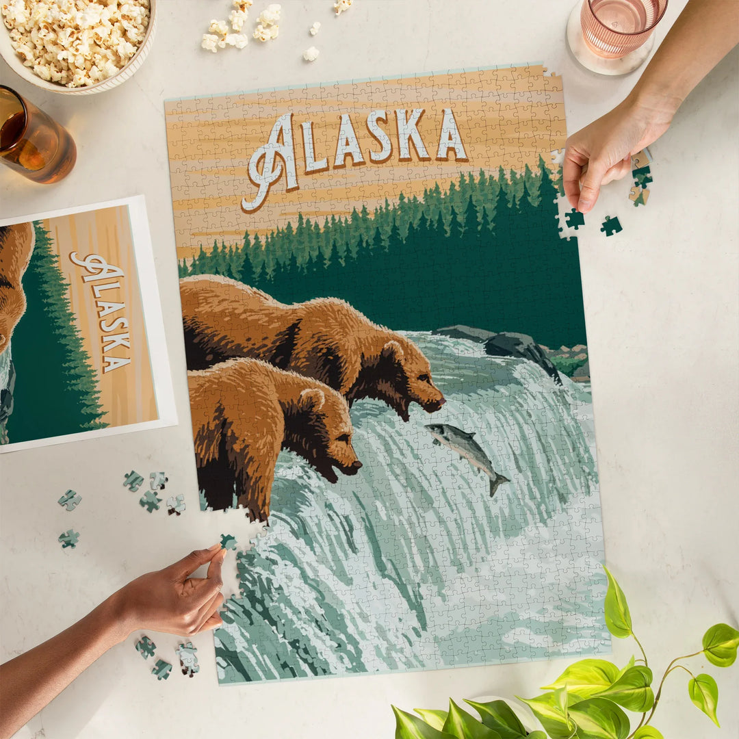 Alaska, Painterly, Grizzly Bears at Salmon Run, 1000 Piece Jigsaw Puzzle