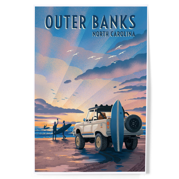 Outer Banks, North Carolina, Lithograph, Surfers on Beach, Art & Giclee Prints