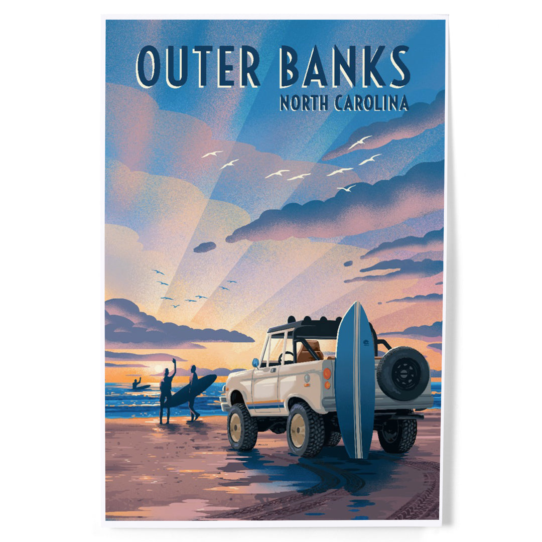 Outer Banks, North Carolina, Lithograph, Surfers on Beach, Art & Giclee Prints