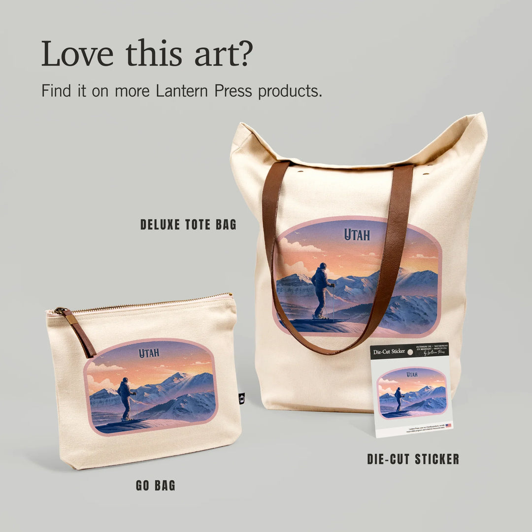 Utah, Lithograph, Skier at the Top, Organic Cotton Zipper Pouch, Go Bag